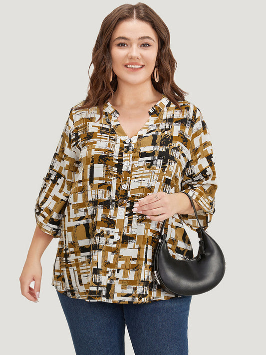 Graphic Print Notched Button Detail Cuffed Sleeve Blouse