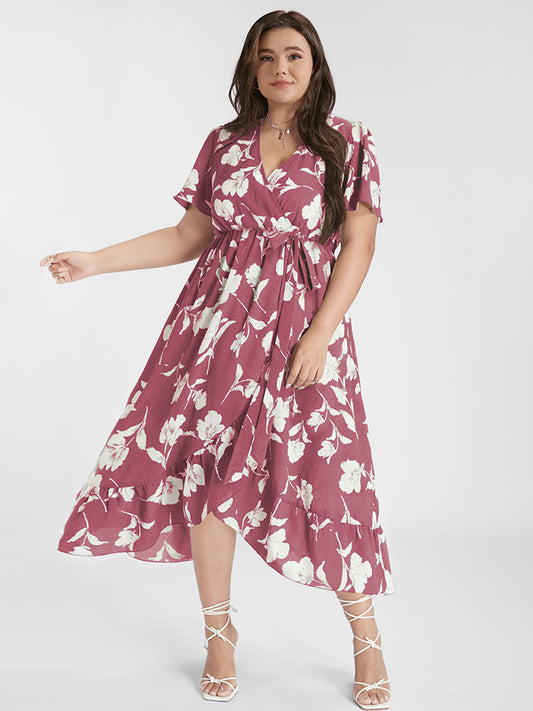 Floral Ruffle Knot Side Wrap Dress